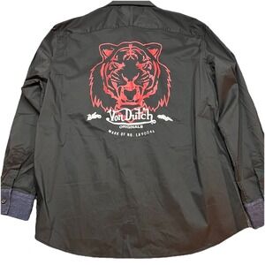 Von Dutch Mens Black Solid Lion Graphic Logo Button Down Shirt Stretch Large New